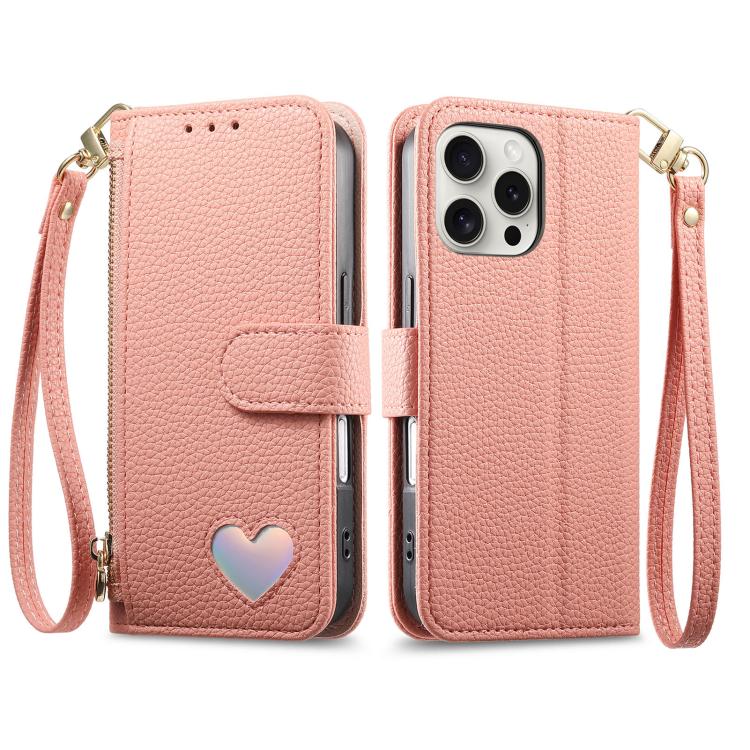 For iPhone 13 Pro Max Fantasy Love Heart Zipper Wallet Vegan Leather Phone Case with Strap