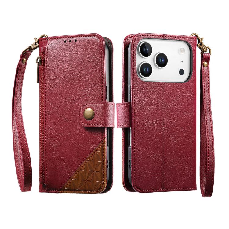 For iPhone 17 Pro Splicing Zipper Wallet Vegan Leather Phone Case with Strap