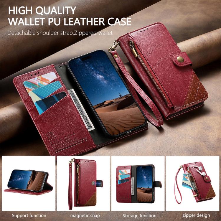 For iPhone 17 Pro Splicing Zipper Wallet Vegan Leather Phone Case with Strap