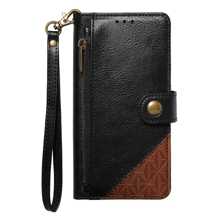 For iPhone 17 Pro Splicing Zipper Wallet Vegan Leather Phone Case with Strap