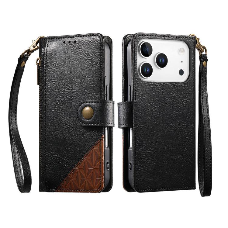 For iPhone 17 Pro Splicing Zipper Wallet Vegan Leather Phone Case with Strap
