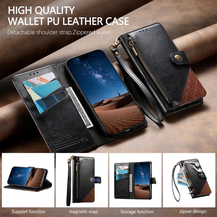 For iPhone 17 Pro Splicing Zipper Wallet Vegan Leather Phone Case with Strap