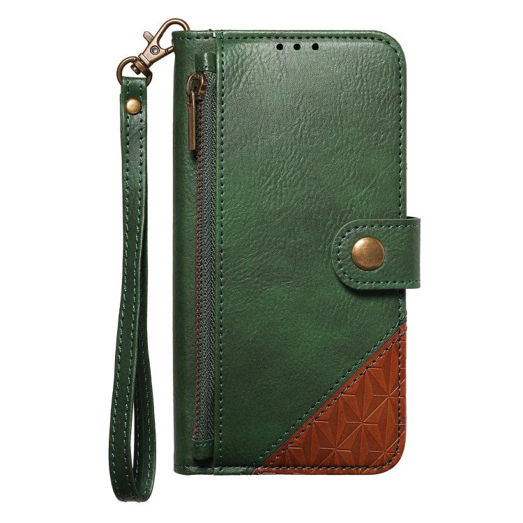 For iPhone 17 Pro Splicing Zipper Wallet Vegan Leather Phone Case with Strap