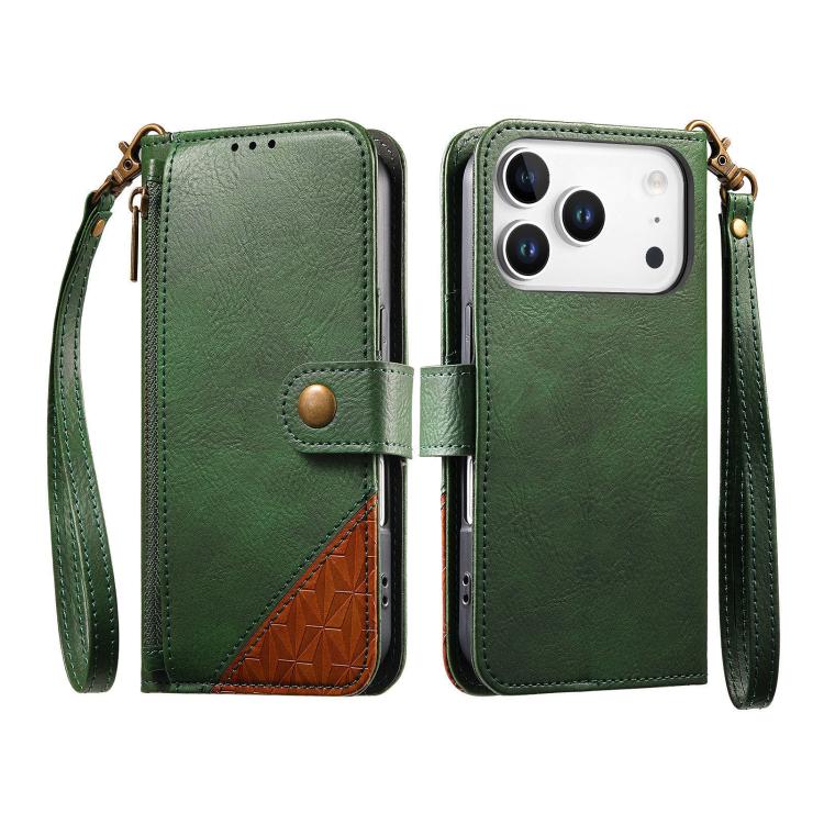 For iPhone 17 Pro Splicing Zipper Wallet Vegan Leather Phone Case with Strap