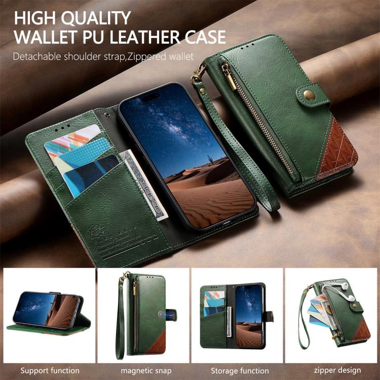For iPhone 17 Pro Splicing Zipper Wallet Vegan Leather Phone Case with Strap