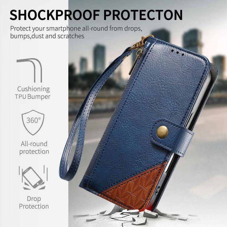For iPhone 17 Pro Splicing Zipper Wallet Vegan Leather Phone Case with Strap