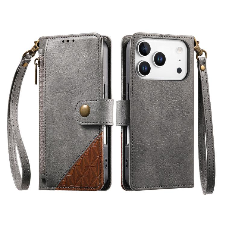 For iPhone 17 Pro Splicing Zipper Wallet Vegan Leather Phone Case with Strap