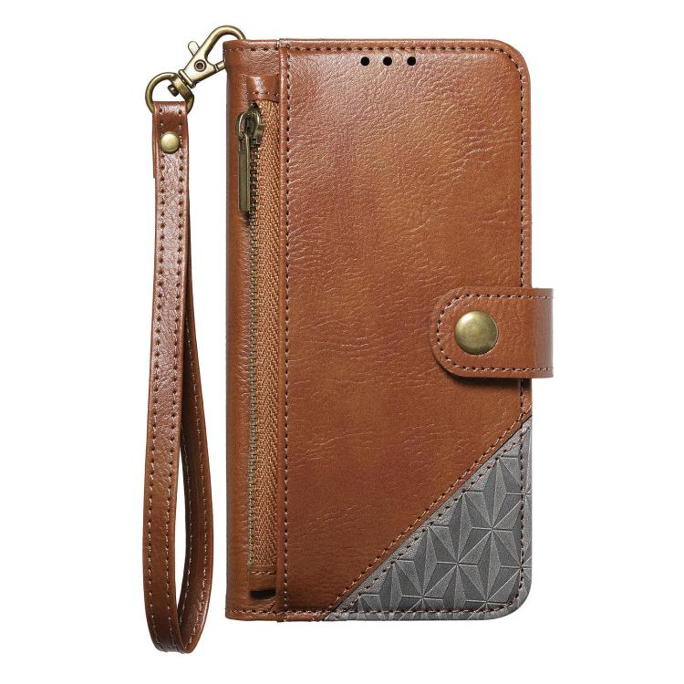 For iPhone 17 Pro Splicing Zipper Wallet Vegan Leather Phone Case with Strap