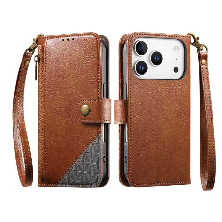 For iPhone 17 Pro Splicing Zipper Wallet Vegan Leather Phone Case with Strap
