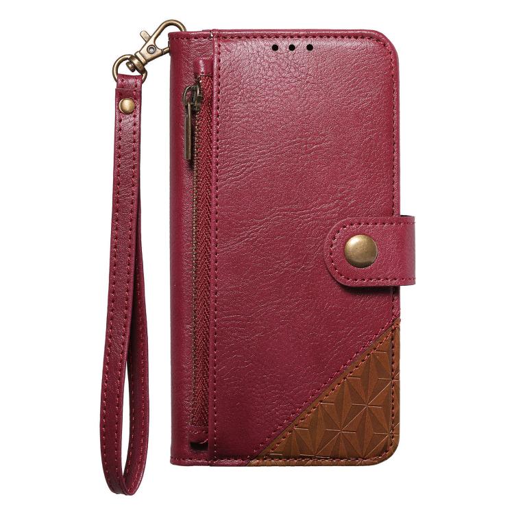 For iPhone 17 Pro Max Splicing Zipper Wallet Vegan Leather Phone Case with Strap