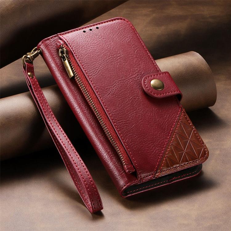 For iPhone 17 Pro Max Splicing Zipper Wallet Vegan Leather Phone Case with Strap