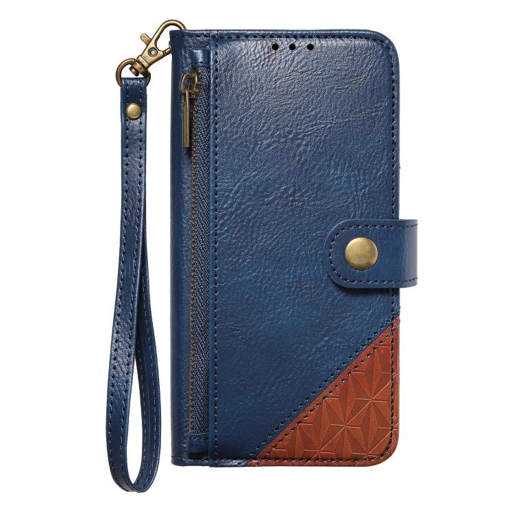 For iPhone 17 Pro Max Splicing Zipper Wallet Vegan Leather Phone Case with Strap