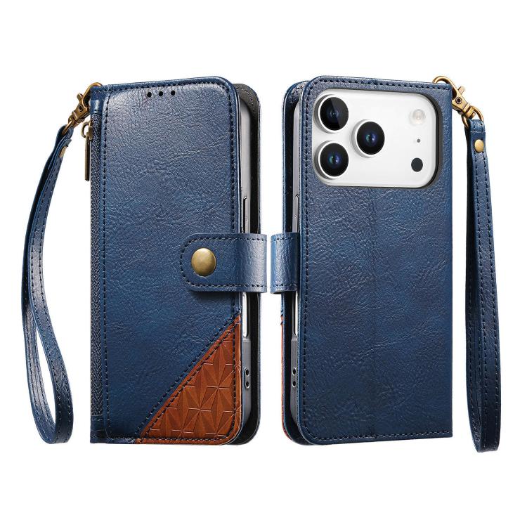 For iPhone 17 Pro Max Splicing Zipper Wallet Vegan Leather Phone Case with Strap