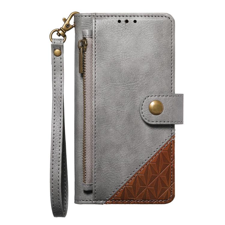 For iPhone 17 Pro Max Splicing Zipper Wallet Vegan Leather Phone Case with Strap