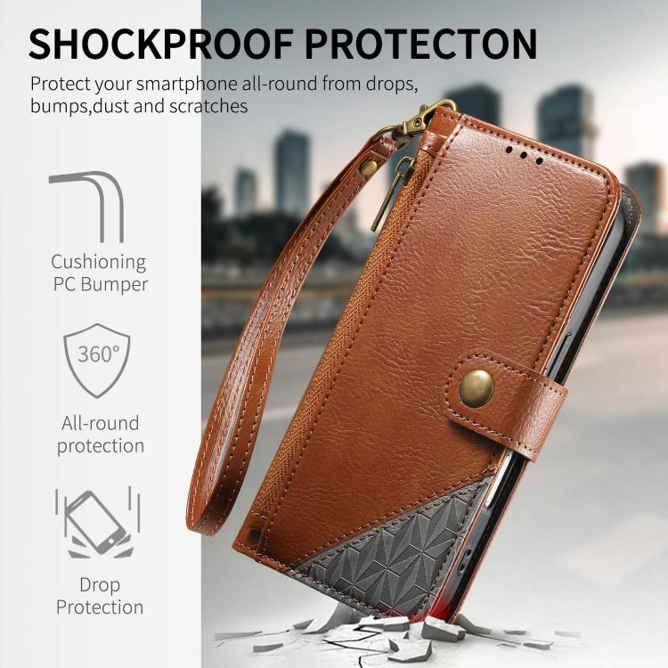 For iPhone 17 Pro Max Splicing Zipper Wallet Vegan Leather Phone Case with Strap
