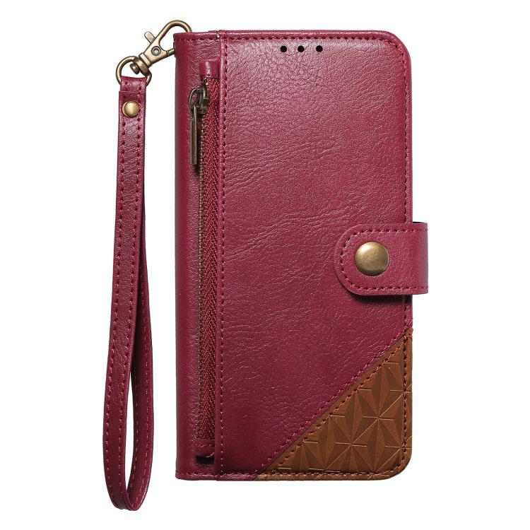 For iPhone 16 Splicing Zipper Wallet Vegan Leather Phone Case with Strap