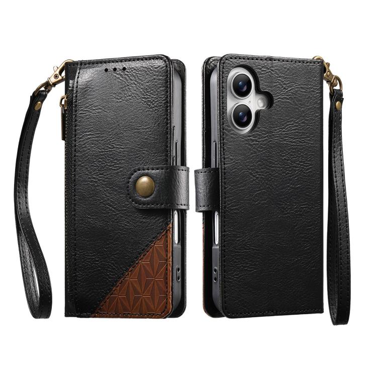 For iPhone 16 Splicing Zipper Wallet Vegan Leather Phone Case with Strap