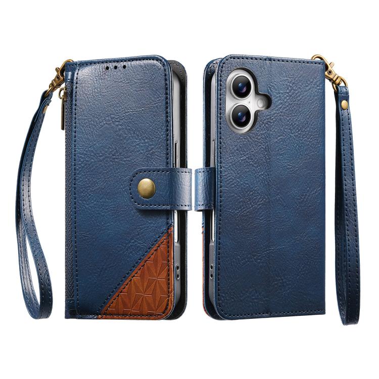 For iPhone 16 Splicing Zipper Wallet Vegan Leather Phone Case with Strap
