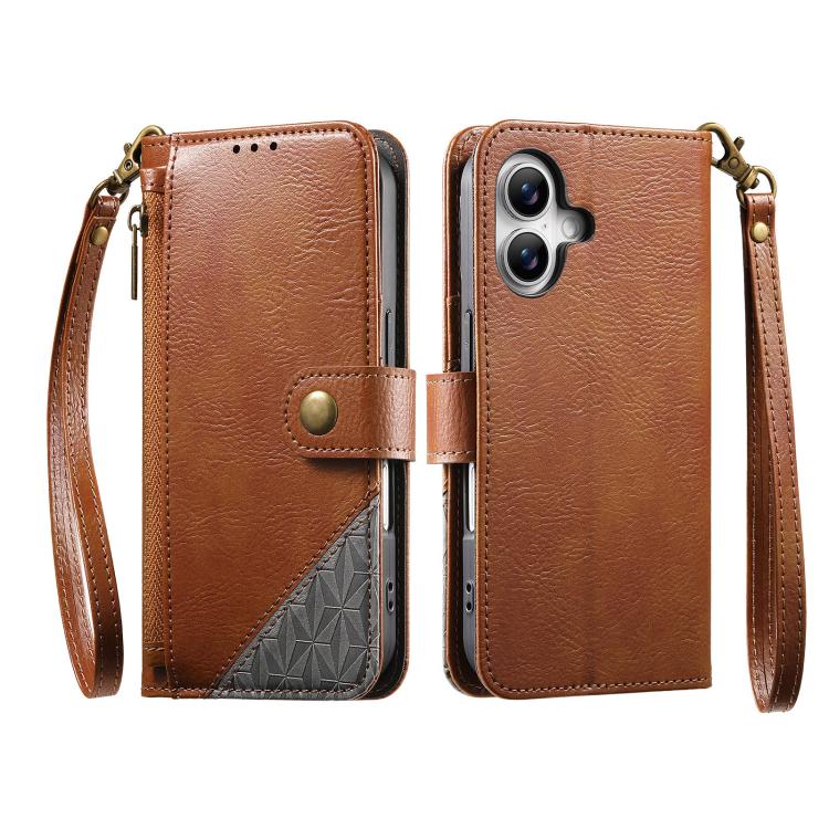 For iPhone 16 Splicing Zipper Wallet Vegan Leather Phone Case with Strap