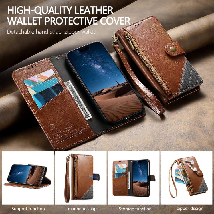 For iPhone 16 Splicing Zipper Wallet Vegan Leather Phone Case with Strap