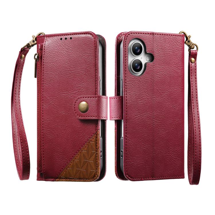 For iPhone 16 Plus Splicing Zipper Wallet Vegan Leather Phone Case with Strap