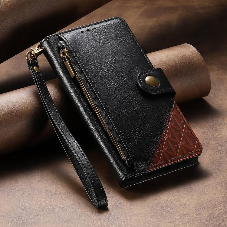 For iPhone 16 Plus Splicing Zipper Wallet Vegan Leather Phone Case with Strap