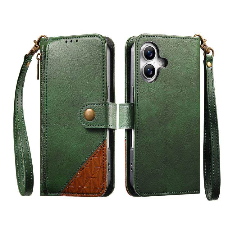 For iPhone 16 Plus Splicing Zipper Wallet Vegan Leather Phone Case with Strap