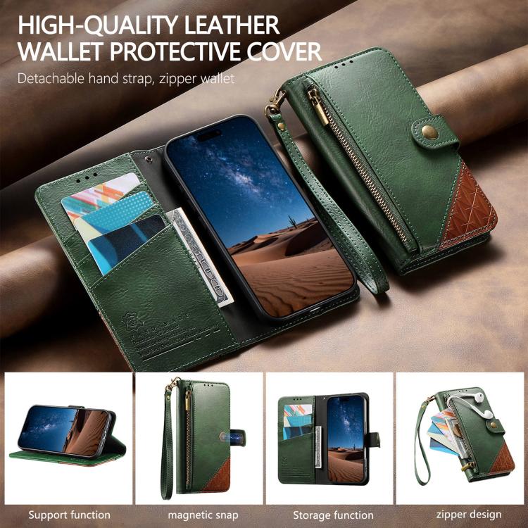 For iPhone 16 Plus Splicing Zipper Wallet Vegan Leather Phone Case with Strap