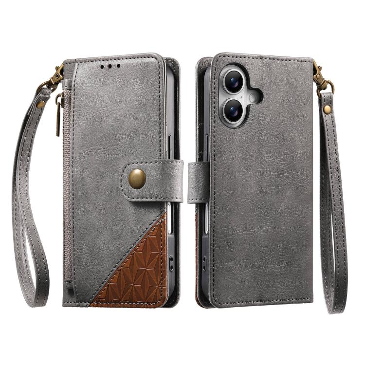 For iPhone 16 Plus Splicing Zipper Wallet Vegan Leather Phone Case with Strap