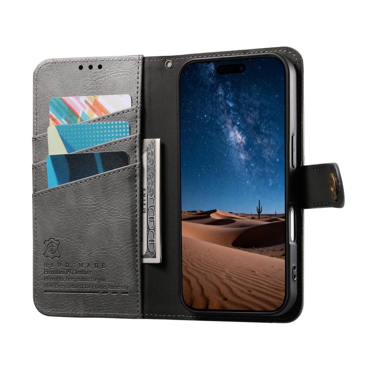 For iPhone 16 Plus Splicing Zipper Wallet Vegan Leather Phone Case with Strap