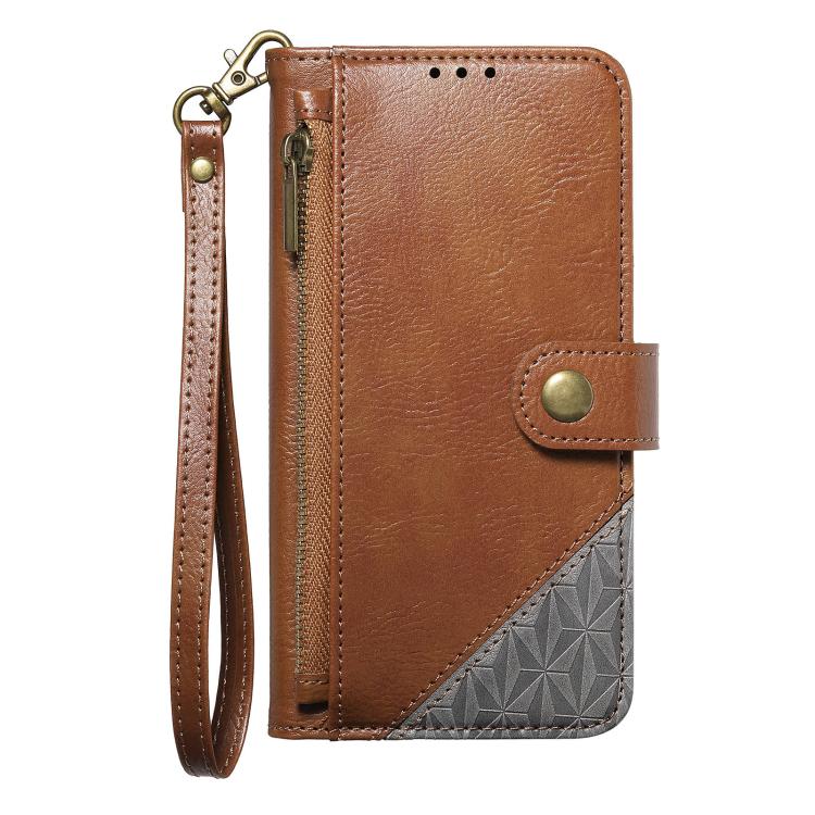 For iPhone 16 Plus Splicing Zipper Wallet Vegan Leather Phone Case with Strap