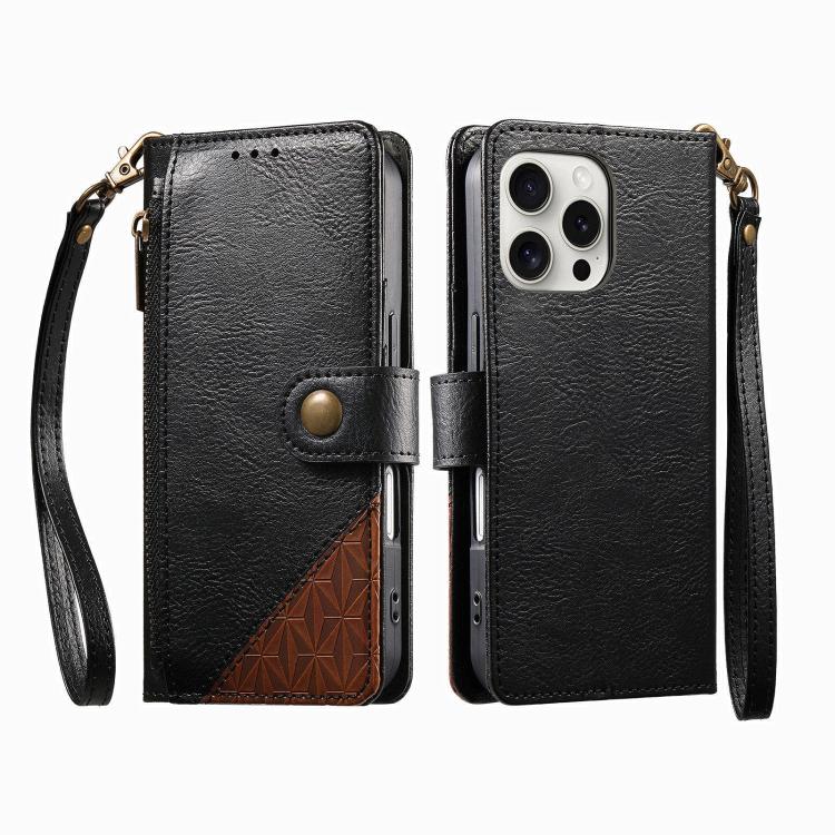 For iPhone 16 Pro Splicing Zipper Wallet Vegan Leather Phone Case with Strap