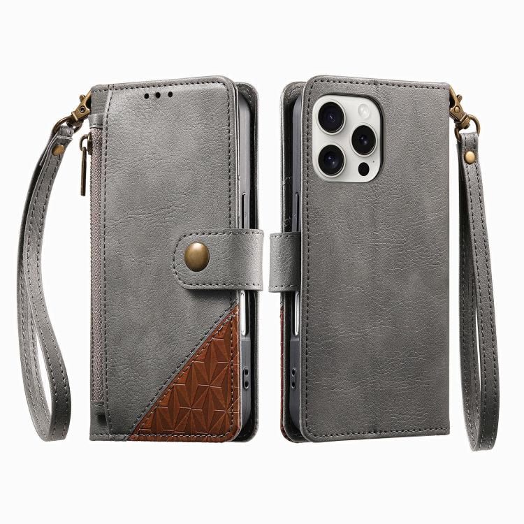 For iPhone 16 Pro Splicing Zipper Wallet Vegan Leather Phone Case with Strap
