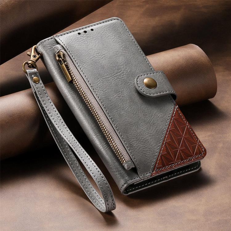 For iPhone 16 Pro Splicing Zipper Wallet Vegan Leather Phone Case with Strap