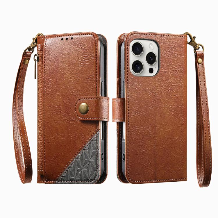 For iPhone 16 Pro Splicing Zipper Wallet Vegan Leather Phone Case with Strap