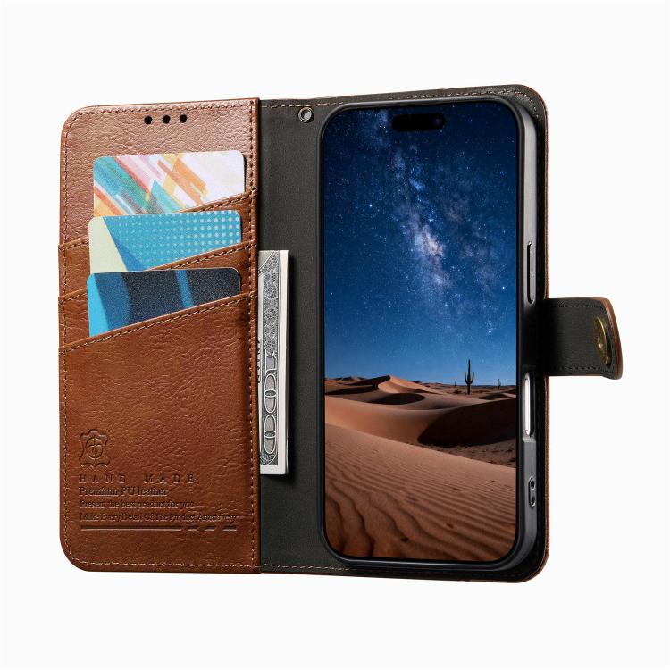 For iPhone 16 Pro Splicing Zipper Wallet Vegan Leather Phone Case with Strap