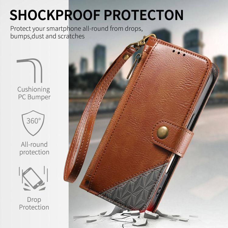 For iPhone 16 Pro Splicing Zipper Wallet Vegan Leather Phone Case with Strap