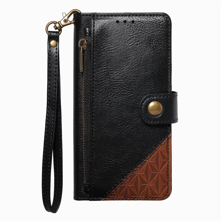 For iPhone 16 Pro Max Splicing Zipper Wallet Vegan Leather Phone Case with Strap