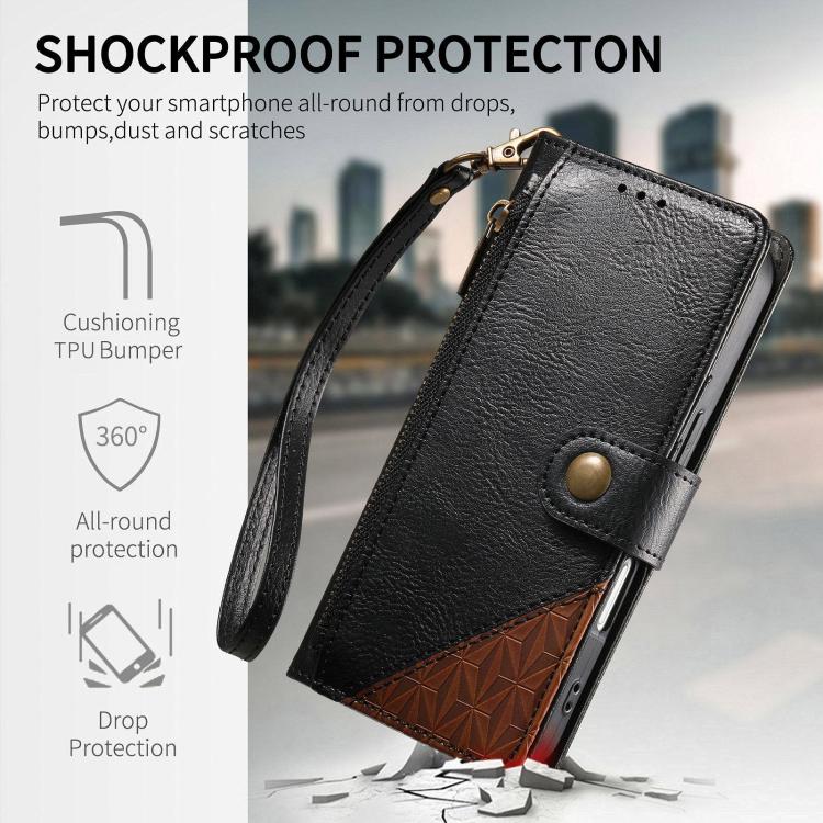 For iPhone 16 Pro Max Splicing Zipper Wallet Vegan Leather Phone Case with Strap