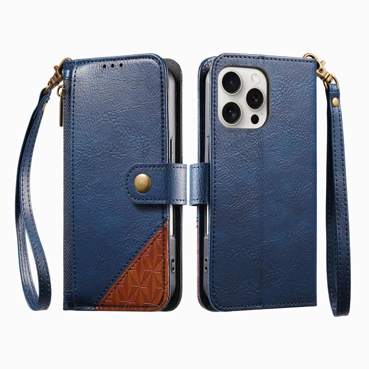 For iPhone 16 Pro Max Splicing Zipper Wallet Vegan Leather Phone Case with Strap