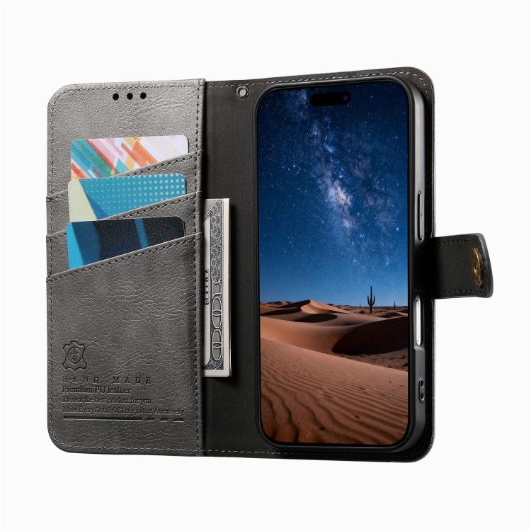 For iPhone 16 Pro Max Splicing Zipper Wallet Vegan Leather Phone Case with Strap