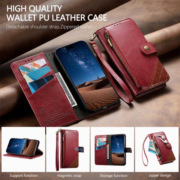 For iPhone 15 Pro Splicing Zipper Wallet Vegan Leather Phone Case with Strap