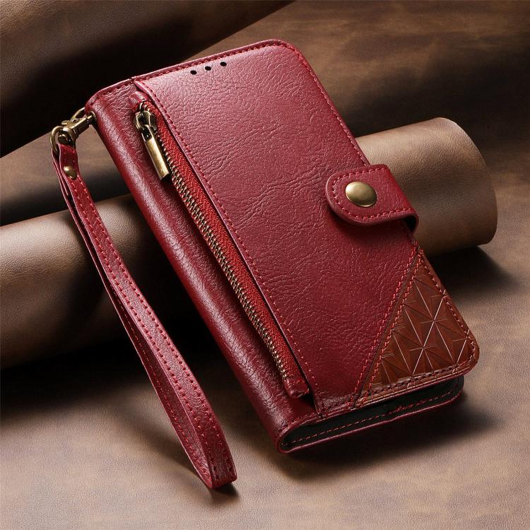 For iPhone 15 Pro Splicing Zipper Wallet Vegan Leather Phone Case with Strap