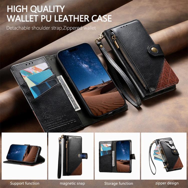 For iPhone 15 Pro Splicing Zipper Wallet Vegan Leather Phone Case with Strap