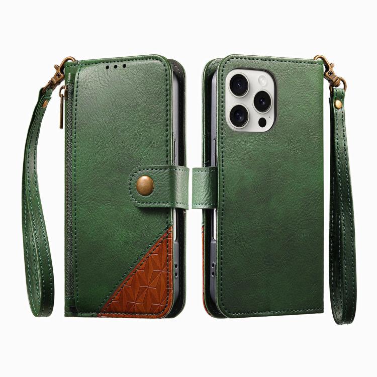 For iPhone 15 Pro Splicing Zipper Wallet Vegan Leather Phone Case with Strap