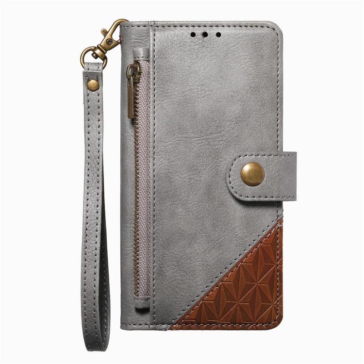 For iPhone 15 Pro Splicing Zipper Wallet Vegan Leather Phone Case with Strap