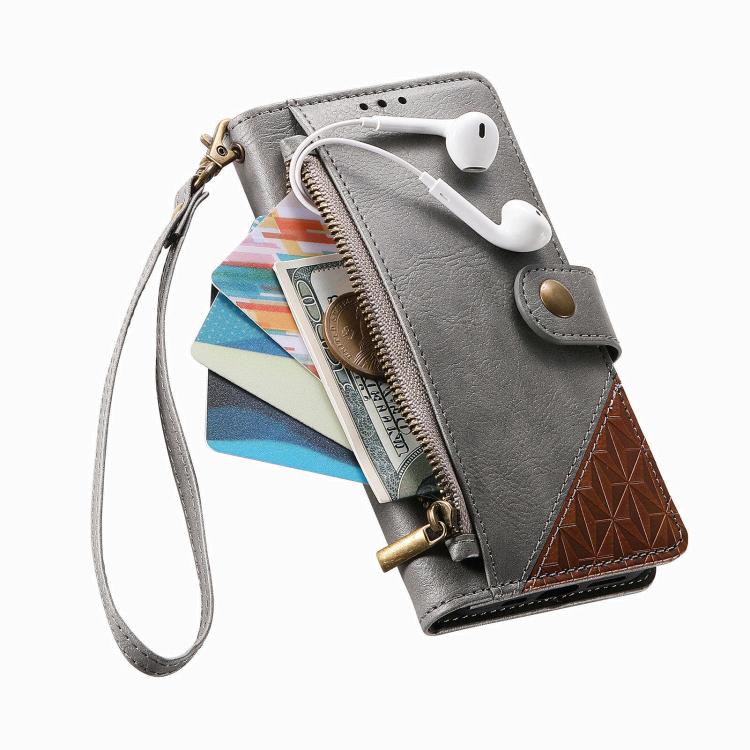 For iPhone 15 Pro Splicing Zipper Wallet Vegan Leather Phone Case with Strap