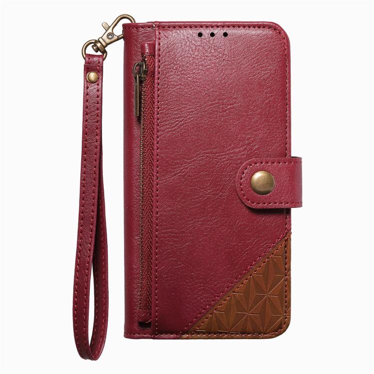 For iPhone 15 Pro Max Splicing Zipper Wallet Vegan Leather Phone Case with Strap