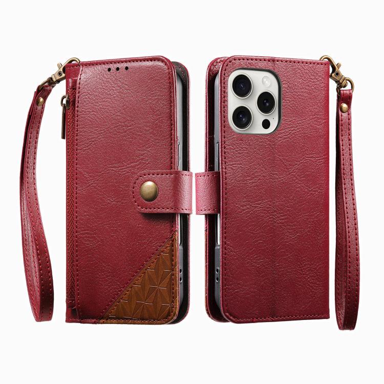 For iPhone 15 Pro Max Splicing Zipper Wallet Vegan Leather Phone Case with Strap