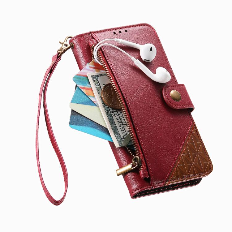For iPhone 15 Pro Max Splicing Zipper Wallet Vegan Leather Phone Case with Strap